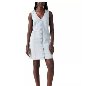 Levis Light Wash Denim Button Front Mini Dress Sleeveless Cinch Back Blue Womens